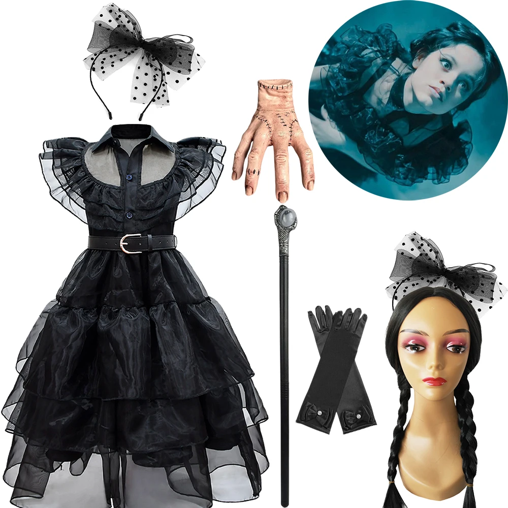 

Wednesday Addams Cosplay For Girl Costume 2023 New Vestidos For Kids Girls Mesh Party Dresses Carnival Costumes 3-10 Years Old