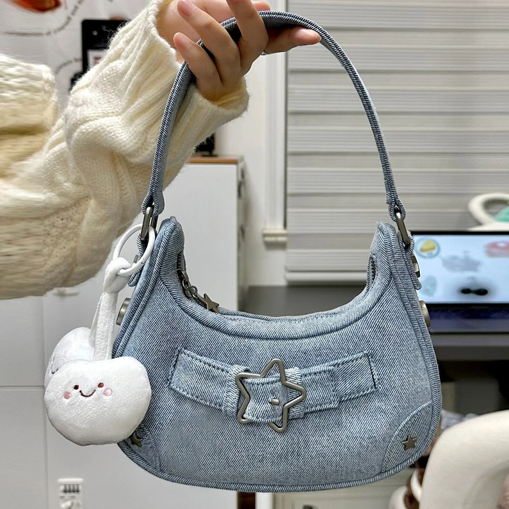 Y2K Vintage Korean Casual Cute White Star Shoulder Underarm Tote Bag Ladies Cool Bags Leather Zip Purses Handbags Women