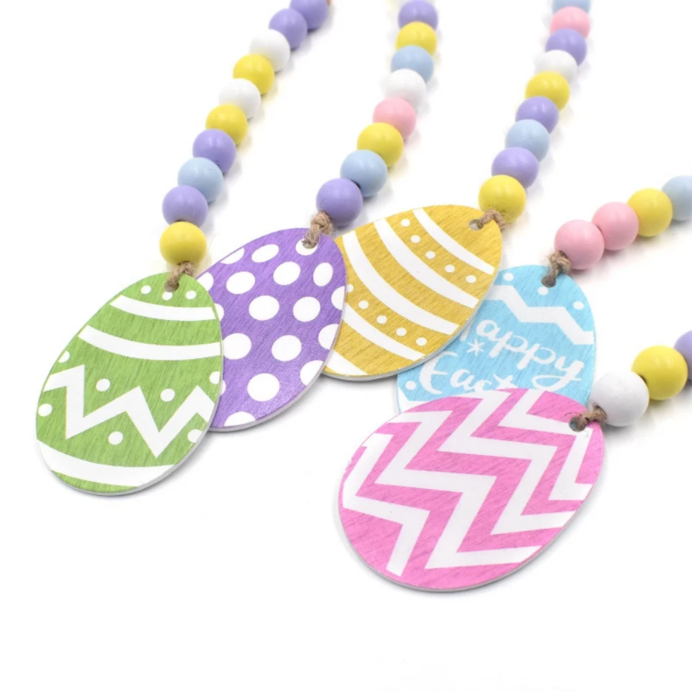 

5pcs Easter Wood Bead Garland With Egg Tag Colorful Wooden Beads Farmhouse Rustic For Tiered Tray Decor Boho Bead Decoration
