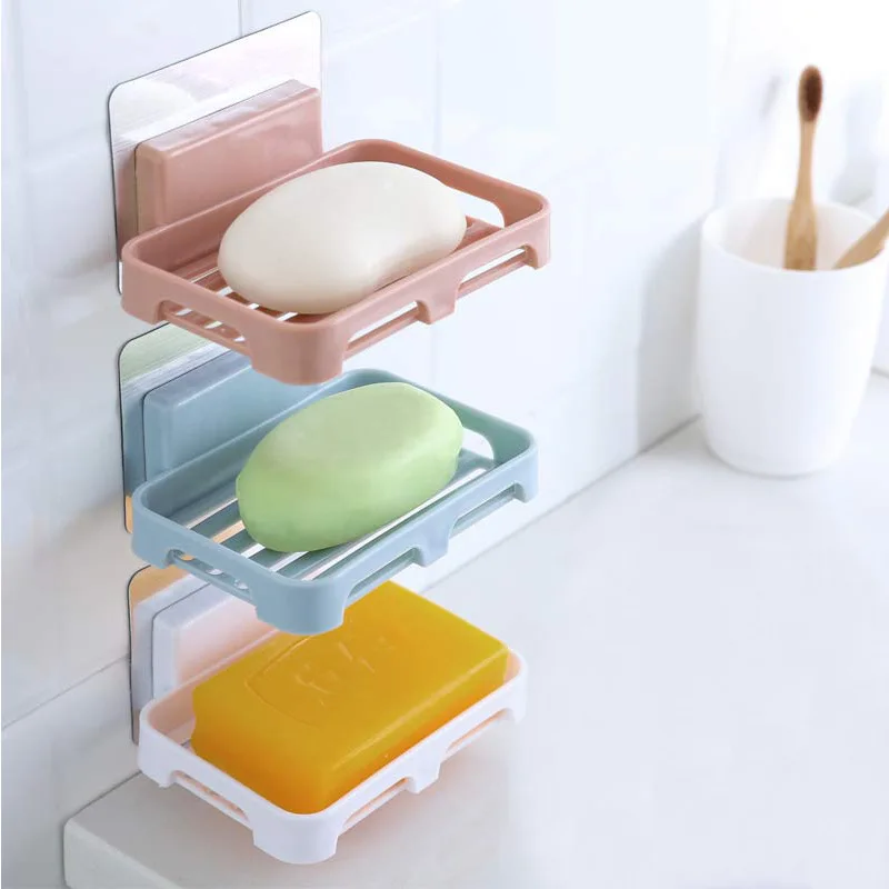 

Wall Mounted Soap Dishes Box Draining Rack Suction Cup Soap Dish Tray Soap Box Plastic Sponge Soaps Holder Bathroom Accessories