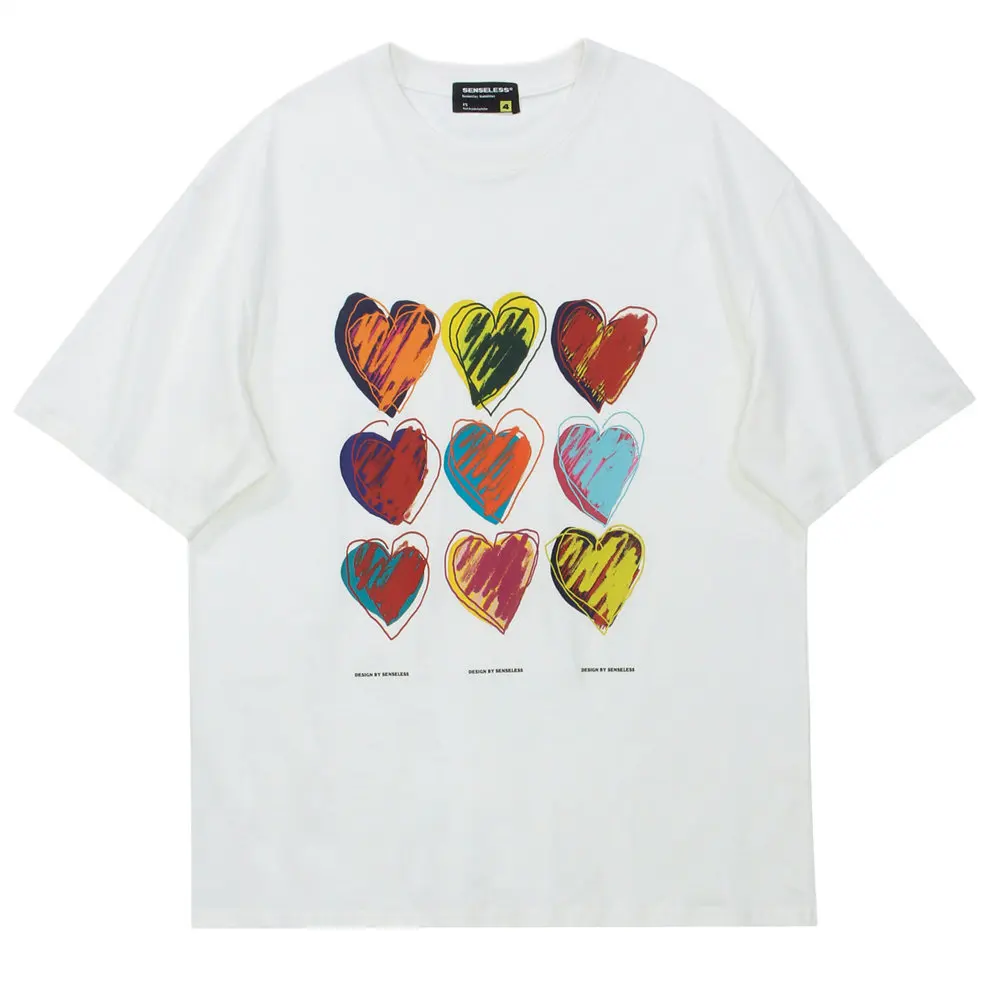 T-shirts Sketch Colorful Hearts Print Cotton O-neck Women's T-shirt Summer Streetwear Harajuku Casual Oversized T Shirt for Men |