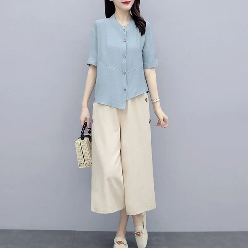 

Women Clothing Sets Cotton Linen Short Sleeve T-Shirt+Wide Leg Pants 2Pcs Suit 2023 Summer Loose Streetwear Female Casual Outfit