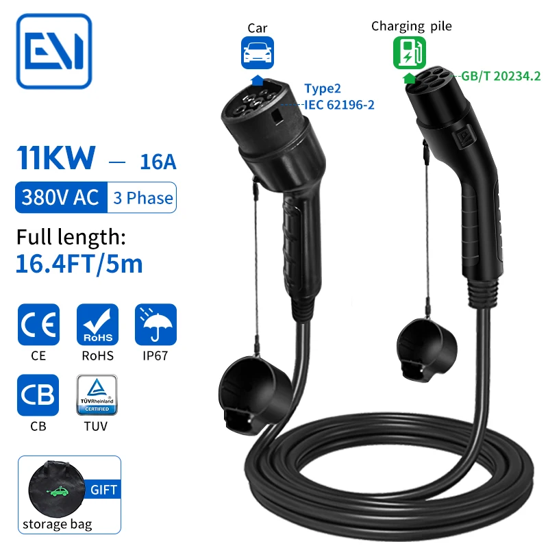 

EV Charger Cable 11KW 16A Female Car to Male Plug Electric Vehicle Adapter Charging Station GB/T Type 2 For Car battery Charger