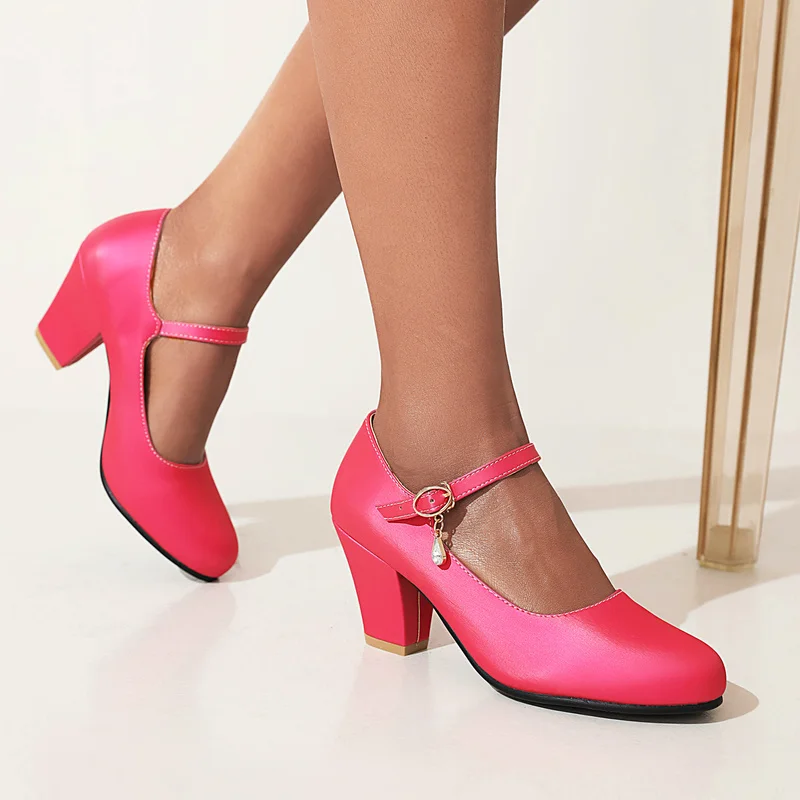

Casual Yellow Heeled Women Fashion Mary Janes Shoes PU Leather Short Heel Pumps Buckle Yellow Pink Party Wedding Shoes Ladies