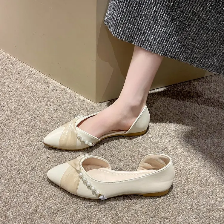 

Women's Flat Shoes 2023 Summer New Pearl Beaded Solid Color Light Mouth Elegant Stylish Girls Princess Comfortable Single Shoes