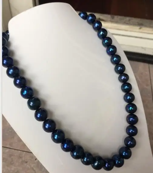 

stunning round Tahitian 9-10mm black blue pearl necklace 18inch