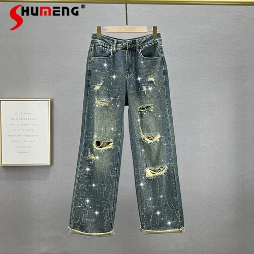 

Ripped Jeans for Women Baggy Pants 2023 New Early Autumn High Waist Loose and Slimming Rhinestone Wide-Leg Trousers Denim Pants