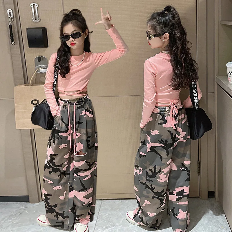 2023 New Girls Clothes Sets Outfits Kids Baby Long Sleeve Crop Top+ Camouflage Hole Wide Leg Pants Children Clothing Suits 5-16Y