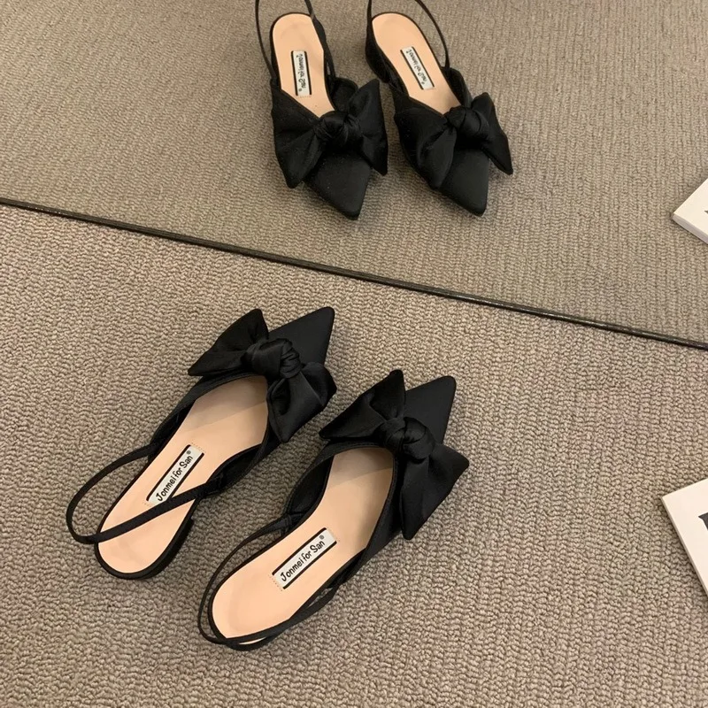 Сандалии женские с бантом заостренный носок низкий каблук модные элегантные