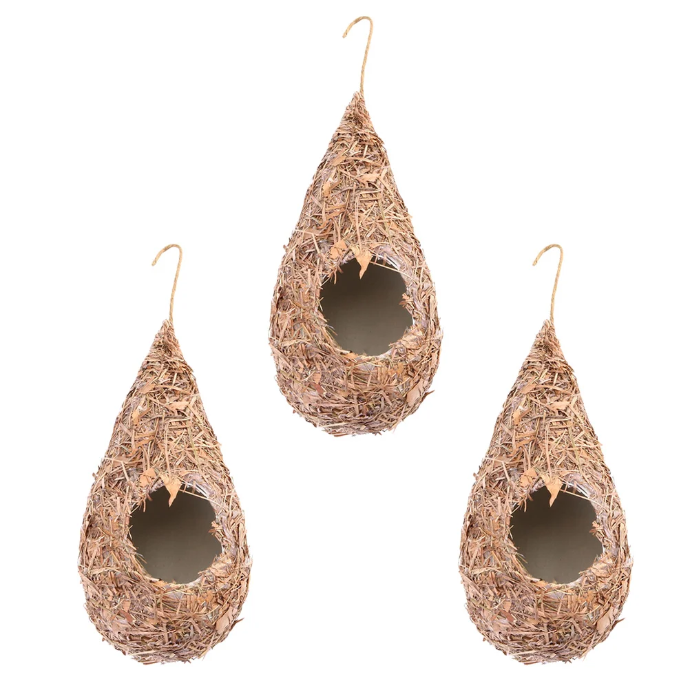 

3 Pcs Faux Decor Hanging Grass Bird Nest Shelter Pocket Decorative Hut Hideaway Shed House Simulation Houses and habitats Cage