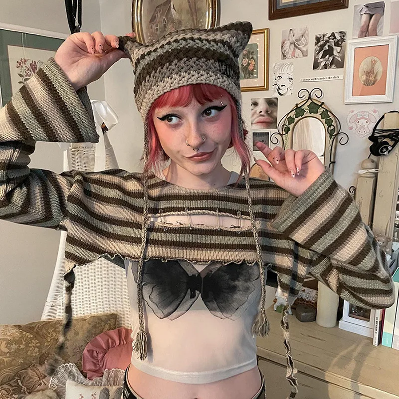 

Повседневный Универсальный пуловер, женский топ, весна-осень 2023, Модный Новый облегающий вязаный пуловер в полоску, женский свитер