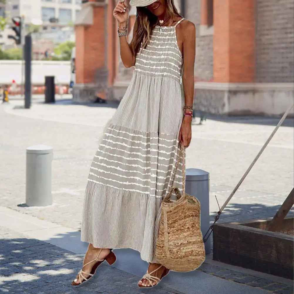 

Summer Women Casual Loose Long Beach Dresses Vintage Striped Print Patchwork Maxi Dress Female Elegant Sleeveless Straps Dress