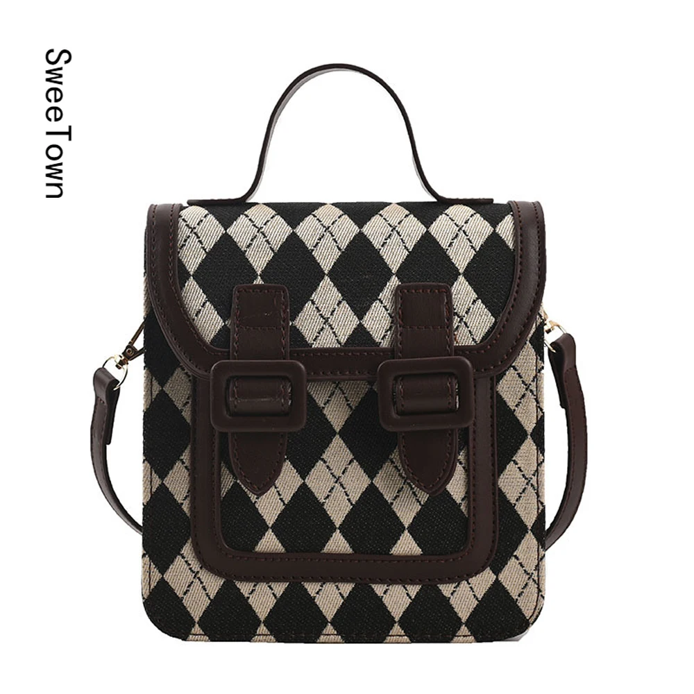 

Sweetown Vintage Women Shoulder Bag 2022 New Product Crossbody Bag Plaid Flap Bag Female Handbag Small Square Bag Top Handle Bag