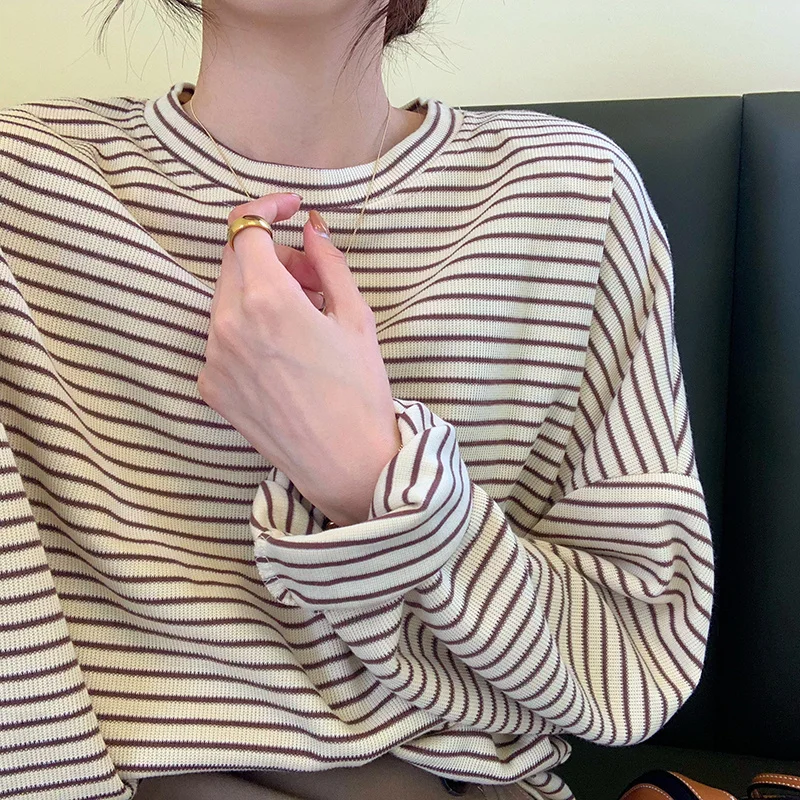 

Striped Long Sleeve T-shirt Women's Spring 2021 New Round Neck Loose Korean Bottomed Shirt Versatile Top