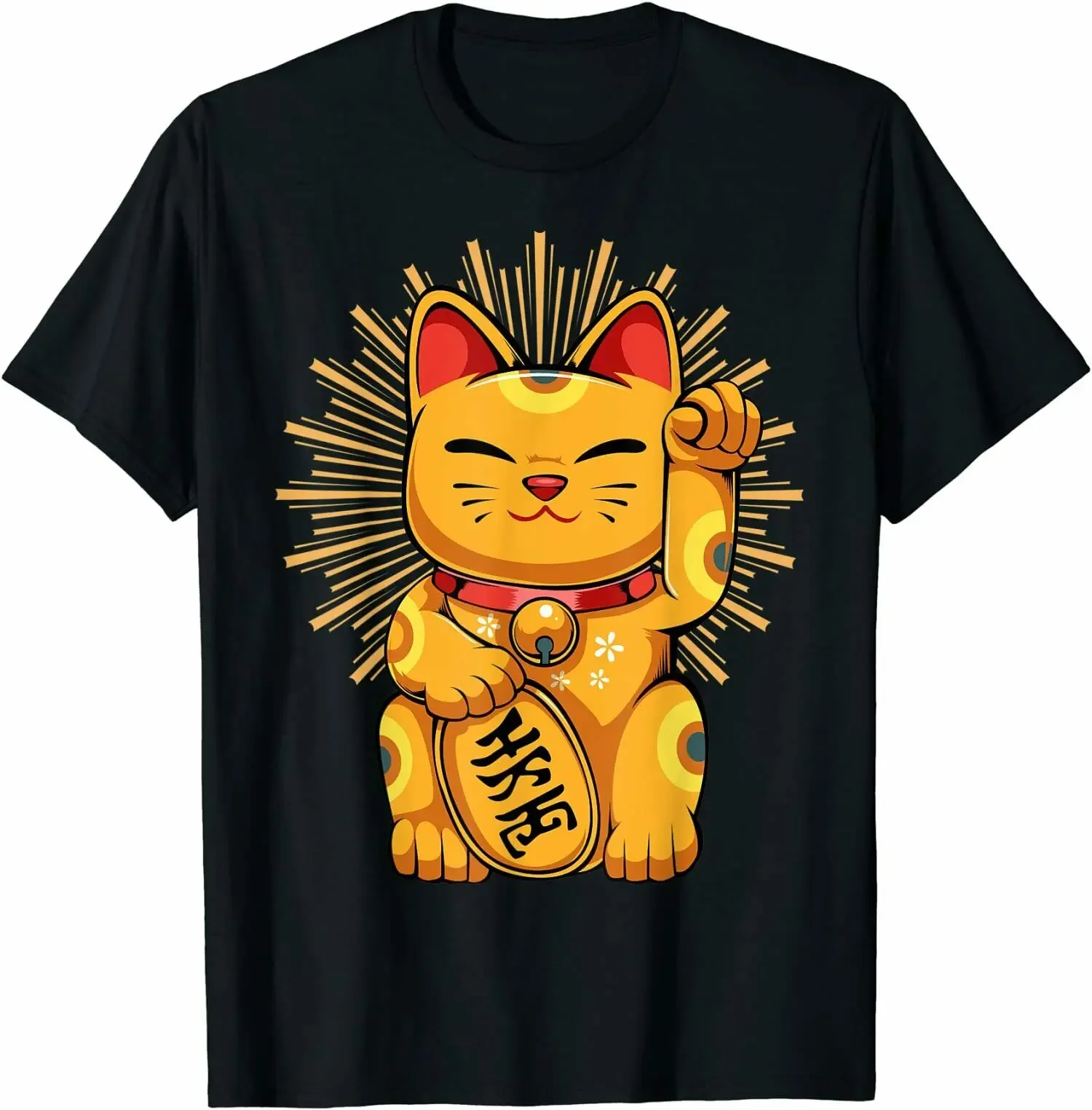 Японская футболка Lucky Cat Kawaii Koban фэн-шуй 100% хлопок с круглым вырезом и коротким