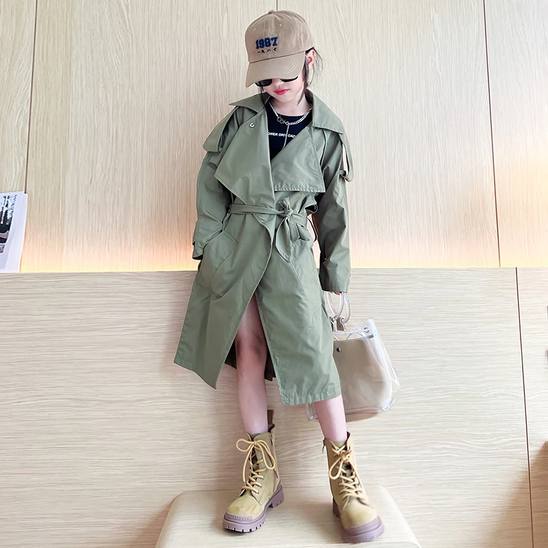 

Spring Autumn Girls Long Trench Baby Jacket Kids Coat Children Coat Toddler Clothes Fashion Vintage Shoulder Belt Waistbelt 4-13