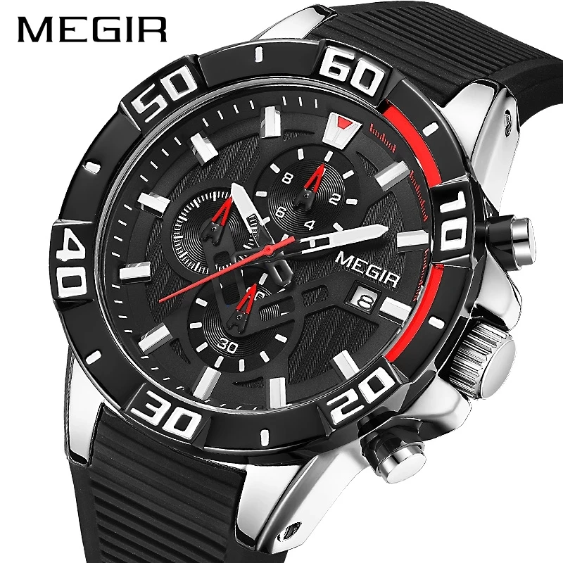 

MEGIR Men's Outdoor Sports Chronograph Fashion Multifunctional Black Dial Waterproof Silicone Strap Quartz Men's Watches 2121