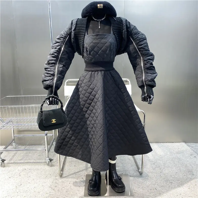 2022 Winter Fashion Rhombus Parkas High Quality Dress Suit High Waist A-line Skirt Thickened Warm Cotton Two-piece Suit