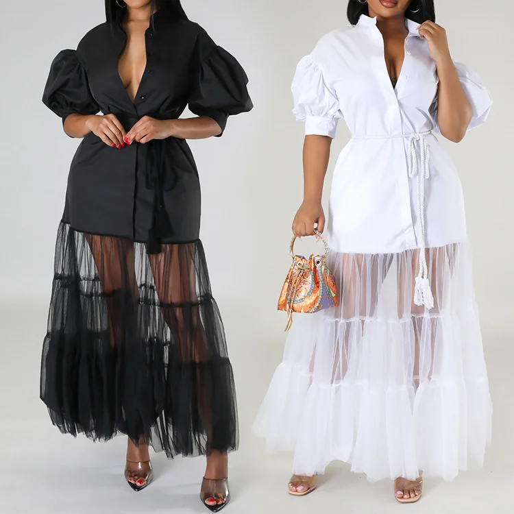 

Temperament Half-mesh Short-sleeved Spring And Summer Cardigan Lapel Low-cut V-neck Dress Trend Temperament Women's Clothing