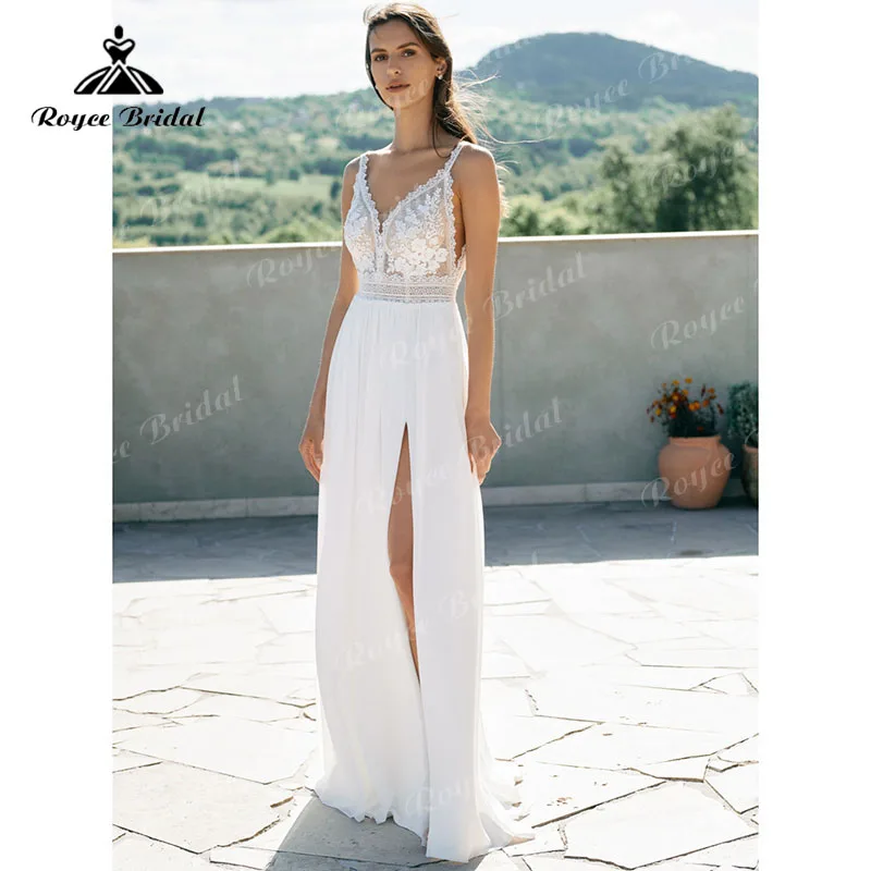 

Modern Boho V Neck Spaghetti Straps Wedding Dress Lace Bodice Chiffon Split Side Backless Bridal Gowns Beach Marriage Outfits