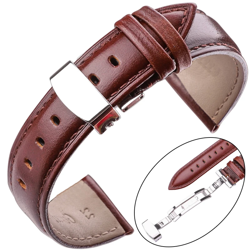 

Watch Band Strap Genuine Leather Brown Black Smooth Cowhide Watchbands Bracelet Accessories Silver Polished Deployment Buckle
