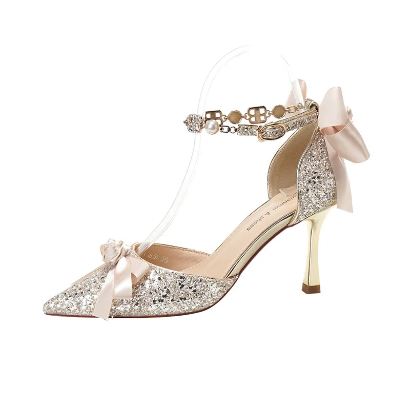 

Women Pumps Sequined Cloth 6CM Thin High Heels Pointed Toe Slip-On Butterfly-knot fashion Solid High Quality Women Shoes