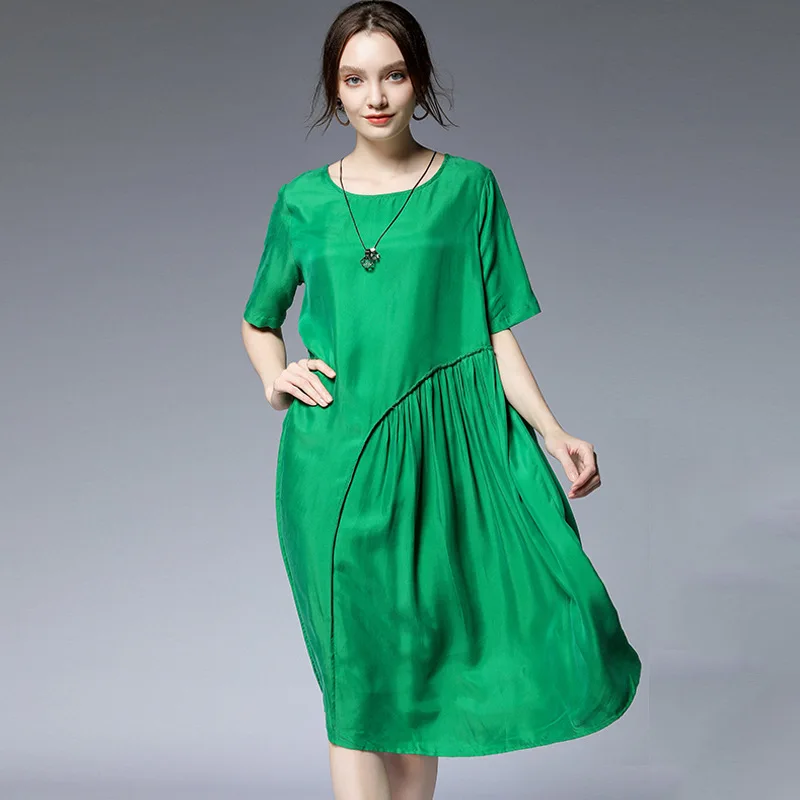Summer Dress For Women 2022 New Round Neck Short Sleeved Solid Color Loose Fashion Casual A-Line Cupro Dresses Midi