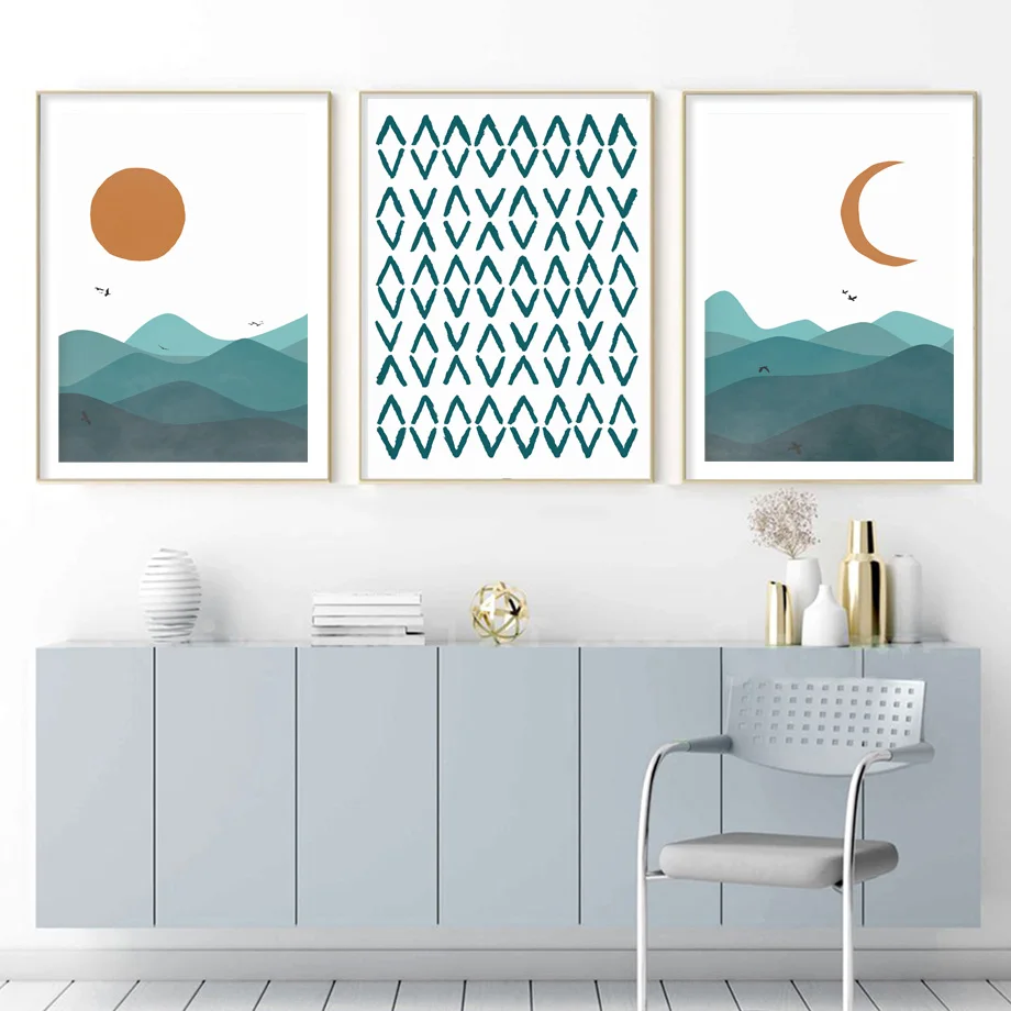 Настенная Картина на холсте с изображением гор солнца Луны шара абстрактного