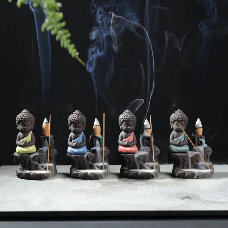 

Backflow Incense Burner Creative Purple Sand Little Monk Alpine Flowing Water Smoker Ceramic Crafts Home Office Decoration