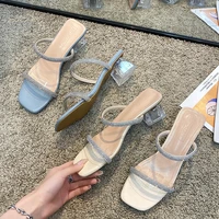 summer high heel sandals womens 2022 new transparent rhinestone open toe outdoor casual sandals ladies square heel sandals