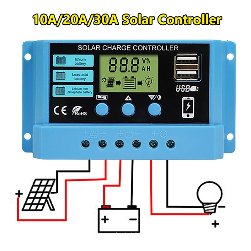 

10A 20A 30A PWM Solar Charge Controller Auto 12V 24V PV Regulator Dual USB Compatibled With Lifepo4 Lithium GEL Lead Acid