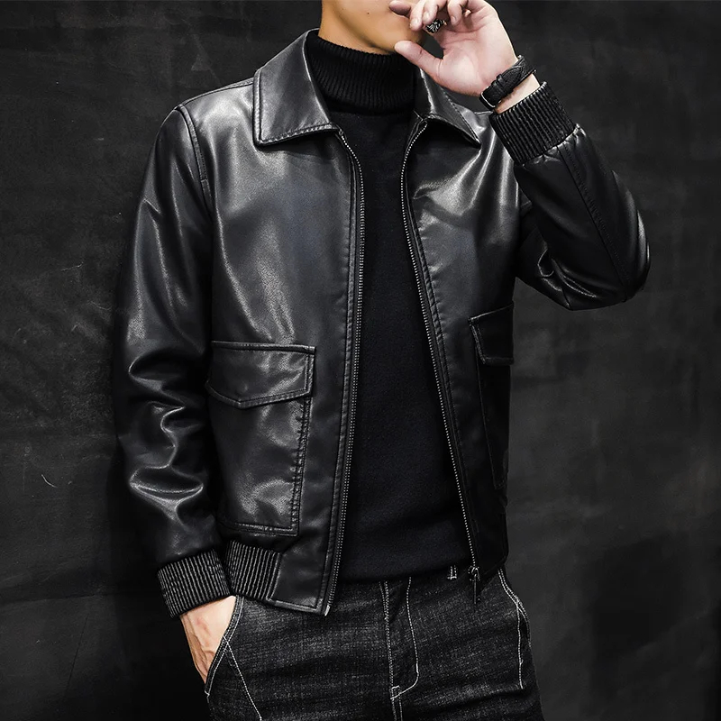 

casual 2022 PU Leather Jacket Men Winter Fleece Motorcycle PU Leahter Jacket Male Stand Collar Casual Windbreaker clothing 3XL