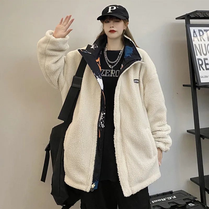 Autumn and Winter New Women's Double-Sided Flannel Cotton Clothing College Style Loose Collar Cartoon Printed Cotton Jacket Warm
