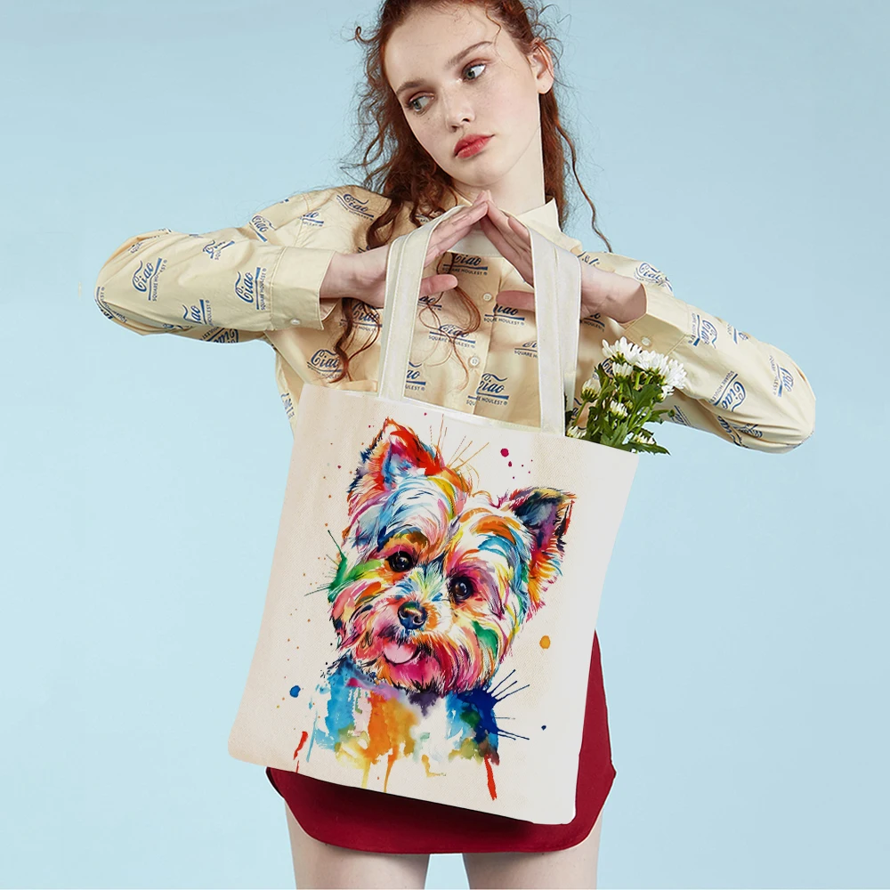

Cute Cartoon Pet Dog Eco Shopping Bag Women Canvas Tote Handbag Reusable Watercolor Animal Lady Shopper Shoulder Bags
