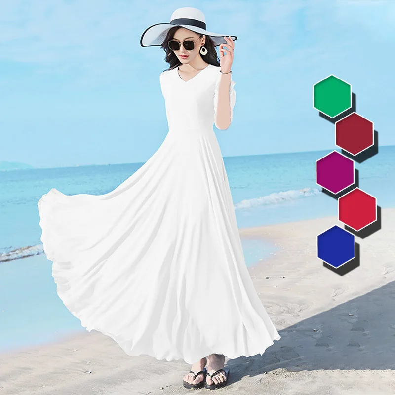 

Women Young Style V-neck Solid Color Simple Elegant Chiffon A-LINE Dresses Summer Short Sleeve Ankle-length Dress Clothing