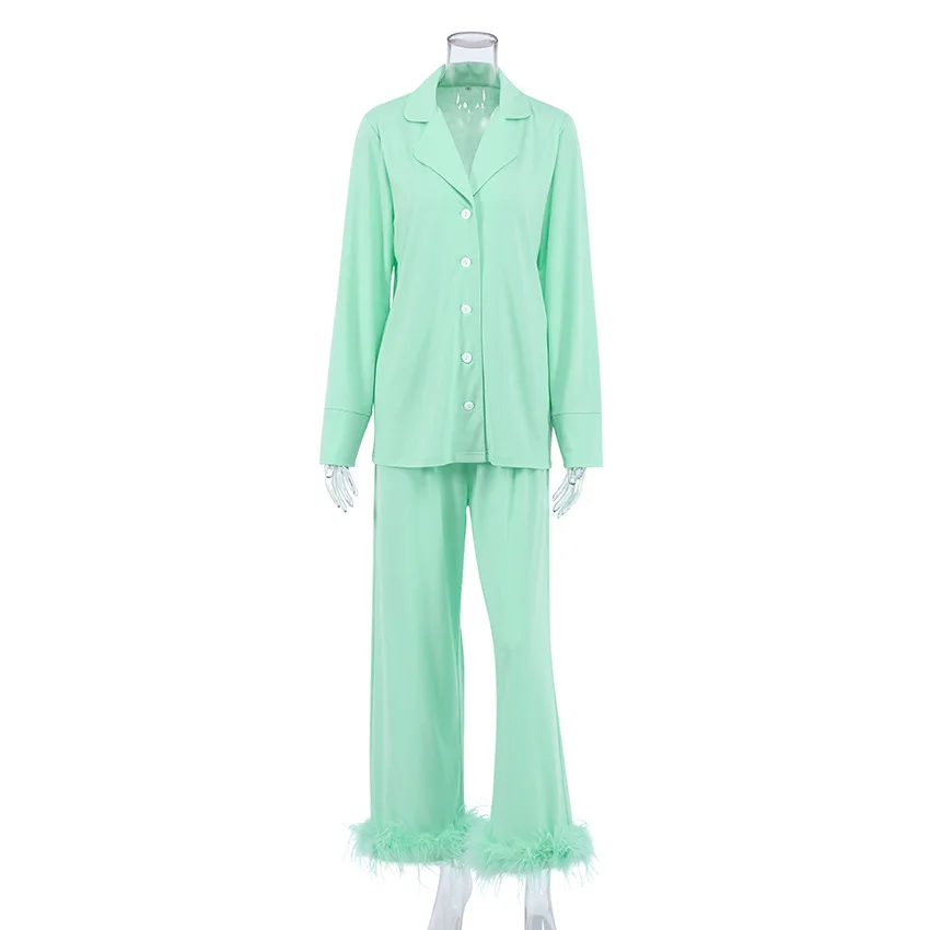 

Green Color Korean Styles Pajamas for Female Feather Sleepwear Luxury Satin Silky Pyjamas Set Spring Autumn PJ Set