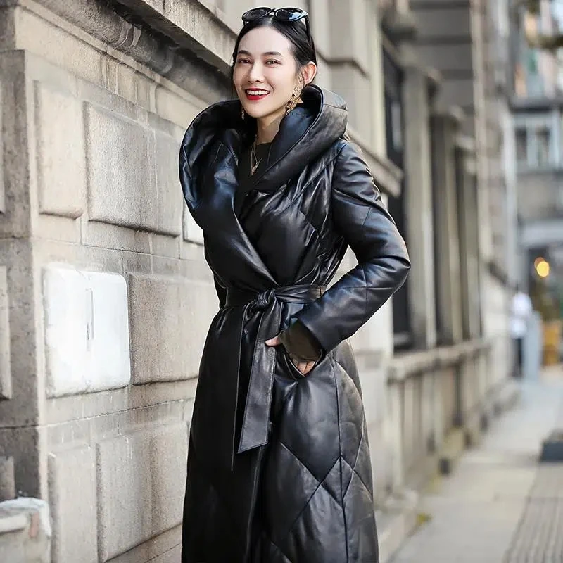 High-End Temperament Leather Down Jacket Women's Winter 2022 New Mid-Length Hooded Parkas Thickened White Duck Down Coat Female