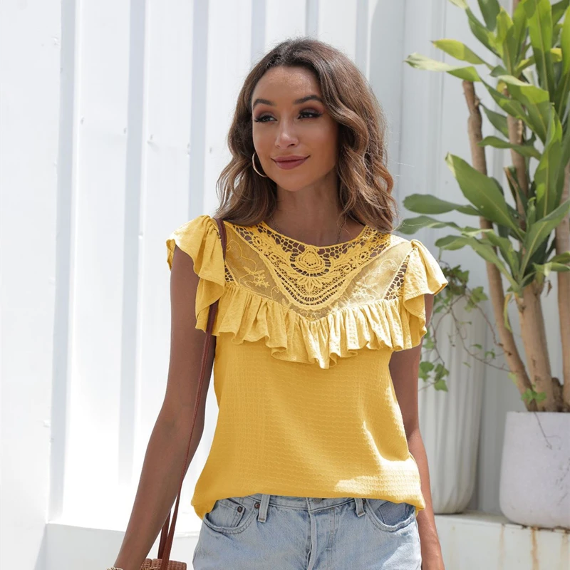 

Sleeveless Top Women Blouse Summer Clothes Female Lace Shirt Elegant Fashion Hollow Out Ruffles Patchwork Ladies Casual Outfits