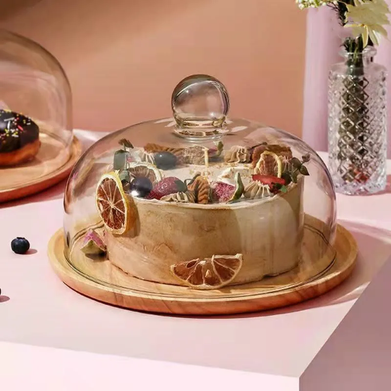 

Деревянный поднос для торта с крышкой, прозрачная стеклянная крышка, поднос для хлеба, фруктов, кондитерских изделий, десертов, настольное украшение для торта