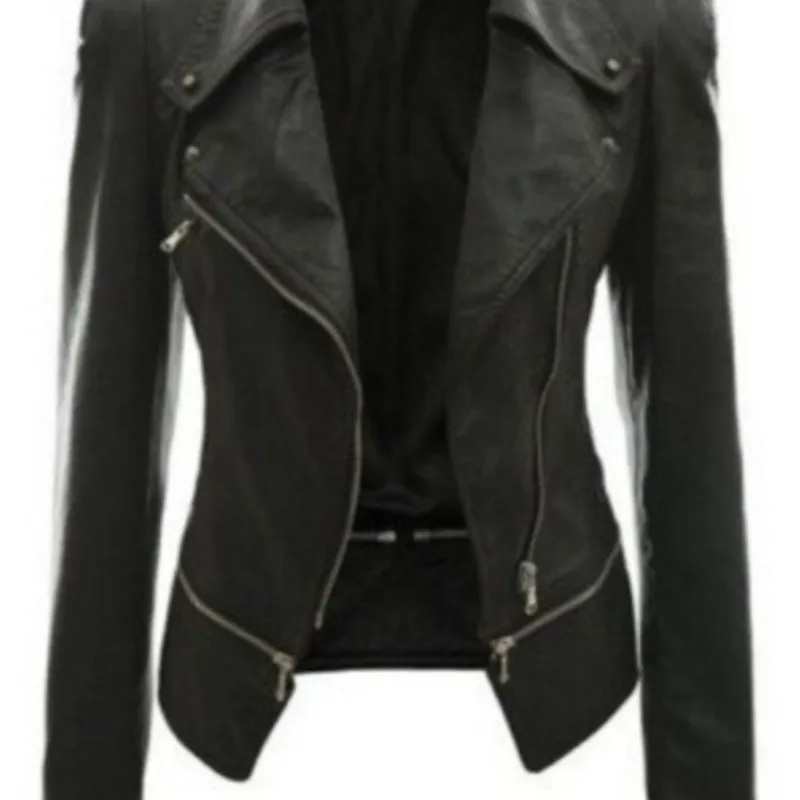 Куртка женская мотоциклетная кожаная на молнии приталенная Черная байкерская