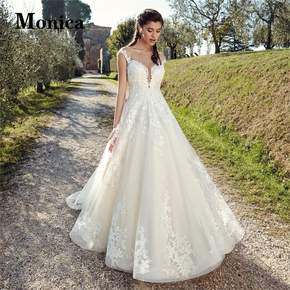 

MONICA Off The Shoulder A-Line Wedding Dresses For Mariages Illusion Modern Appliques Button Tulle Court Train Deep V-Neck