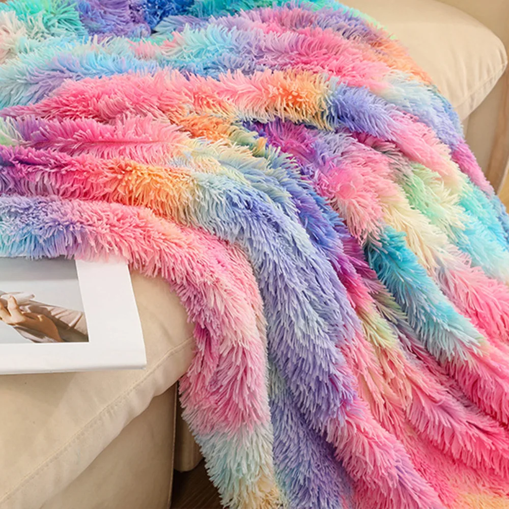 Tie dyed plush Rainbow blanket Soft Bedspread bed plaid blanket for beds Double hairy Bed Cover Decorative Sofa Double Bedspread