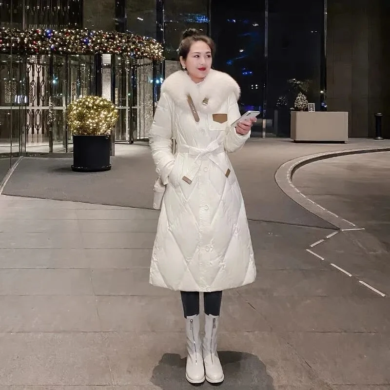 Зимнее женское пальто модная длинная талия большой меховой воротник утепленная