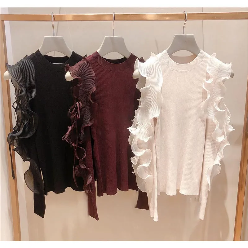 

Women's 2022 early autumn new sweet ruffle lace off shoulder knitwear