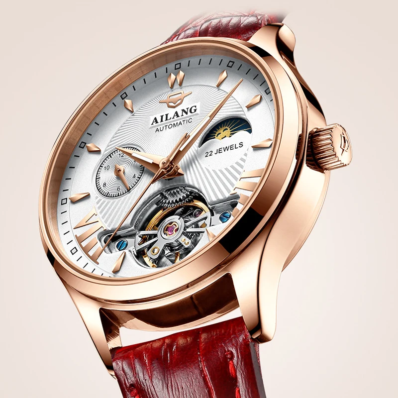 Tourbillon Automatic Watch for Women Luxury Womens Mechanical Watches Ladies Rose Gold Relogios Mecanicos Auto Sun Moon Clock