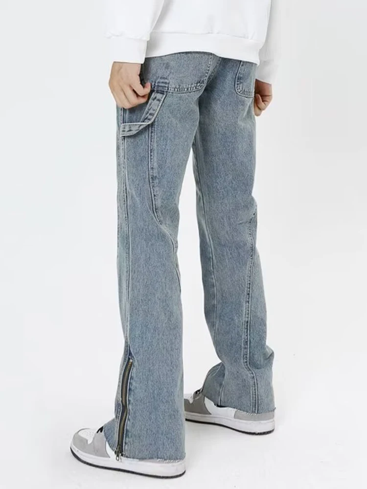 Retro Blue Flared Jeans Men's Baggy Pants Street Clothing Loose Jeans Stitching Design Casual Denim Trousers Y2k Men’s Jeans