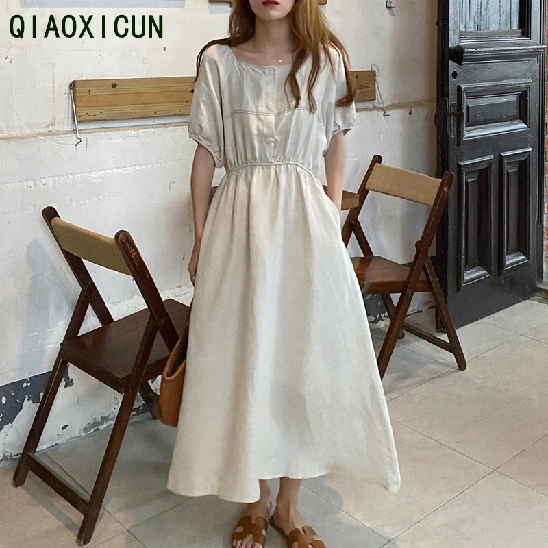 

QIAOXICUN New Elegant High Waist Contrast Loose Dress Midi Dresses Japanese Women Summer Vintage Square Collar Puff Sleeve Dress