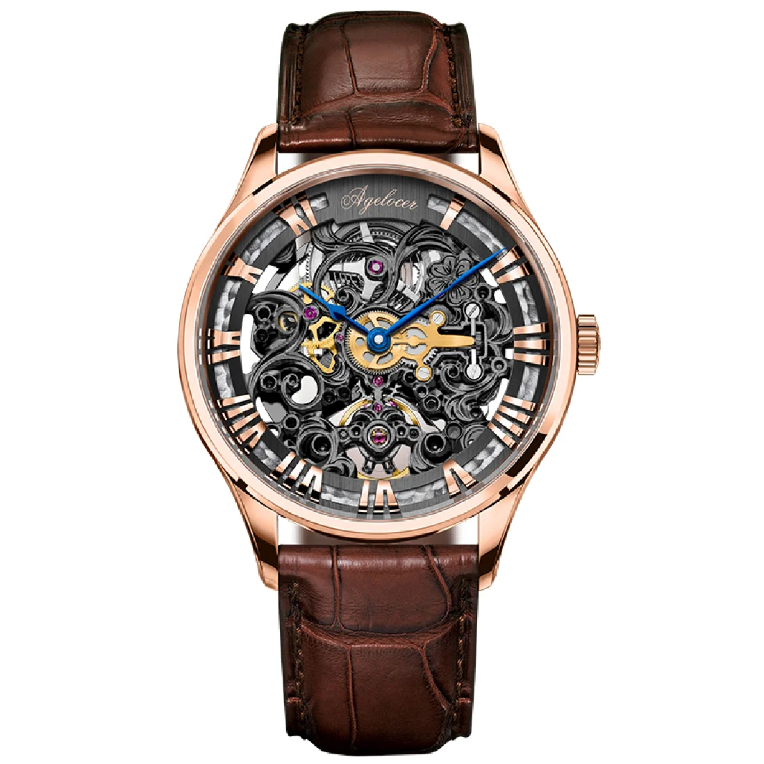 

AGELOCER Black Skeleton Men Watch Leather Sport watches Power Reserve 80H Clock Wristwatch Relogio Masculino