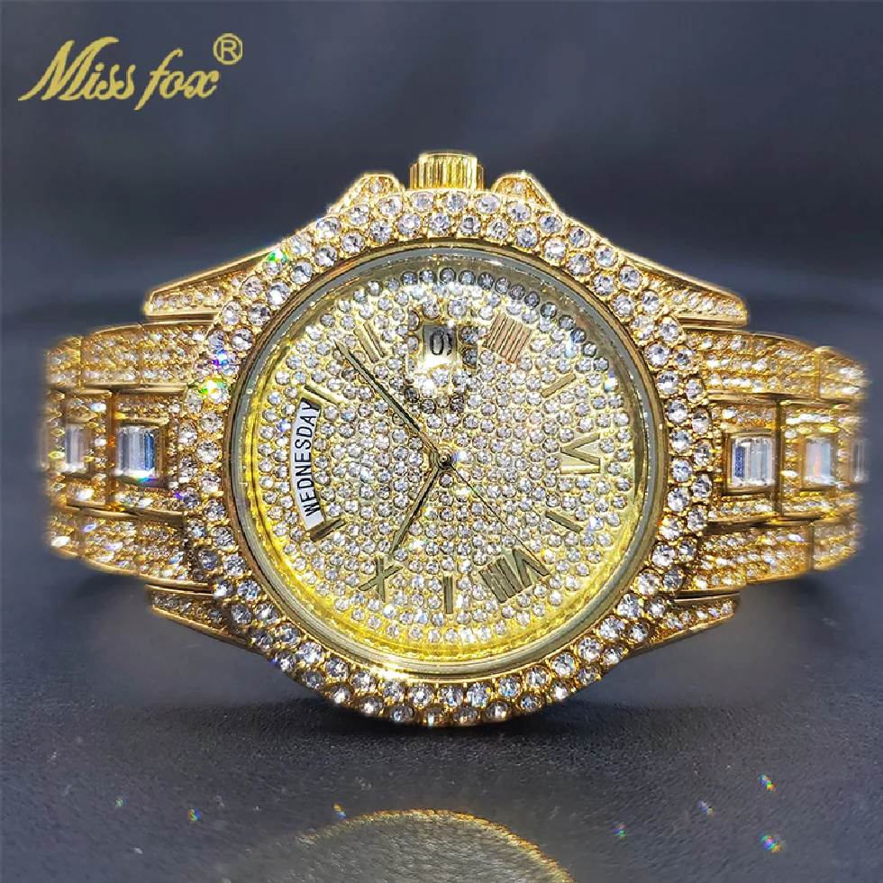 

MISSFOX 18K Gold Men Luxury Designer Watch Diamond Date Day Just Ice Out Quartz Watches Dropshipping