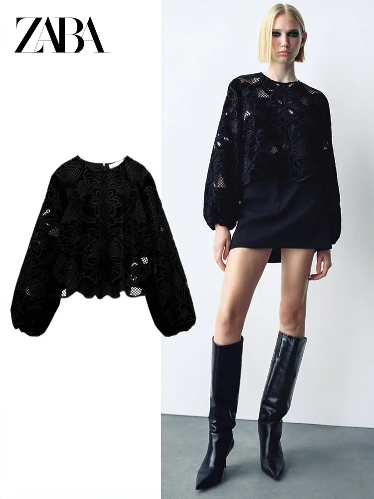 

ZABA ZAR ZA, осенне-зимняя женская новая свободная бархатная рубашка с рукавом-фонариком и волнистым краем, бархатный пуловер с вышивкой, топ